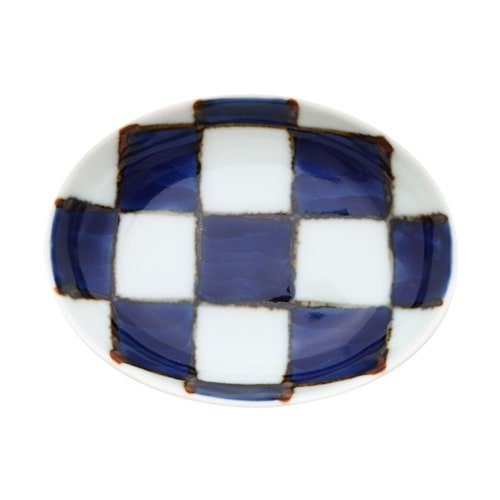 Souta Kiln Oval Hime Small Plate – Sometsuke Blue Ichimatsu Check Pattern, Saga Japan
