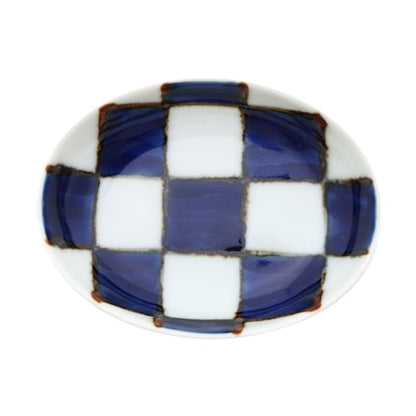 Souta Kiln Oval Hime Small Plate – Sometsuke Blue Ichimatsu Check Pattern, Saga Japan