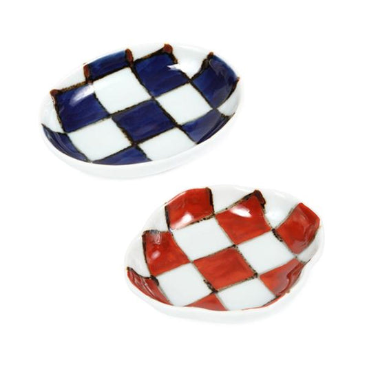 Souta Kiln Oval Hime Small Plate – Sometsuke Blue Ichimatsu Check Pattern, Saga Japan