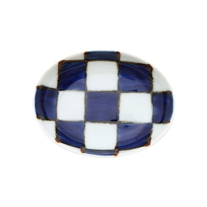 Souta Kiln Oval Hime Small Plate – Sometsuke Blue Ichimatsu Check Pattern, Saga Japan