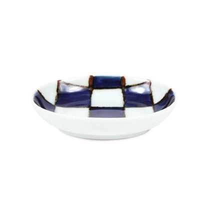 Souta Kiln Oval Hime Small Plate – Sometsuke Blue Ichimatsu Check Pattern, Saga Japan
